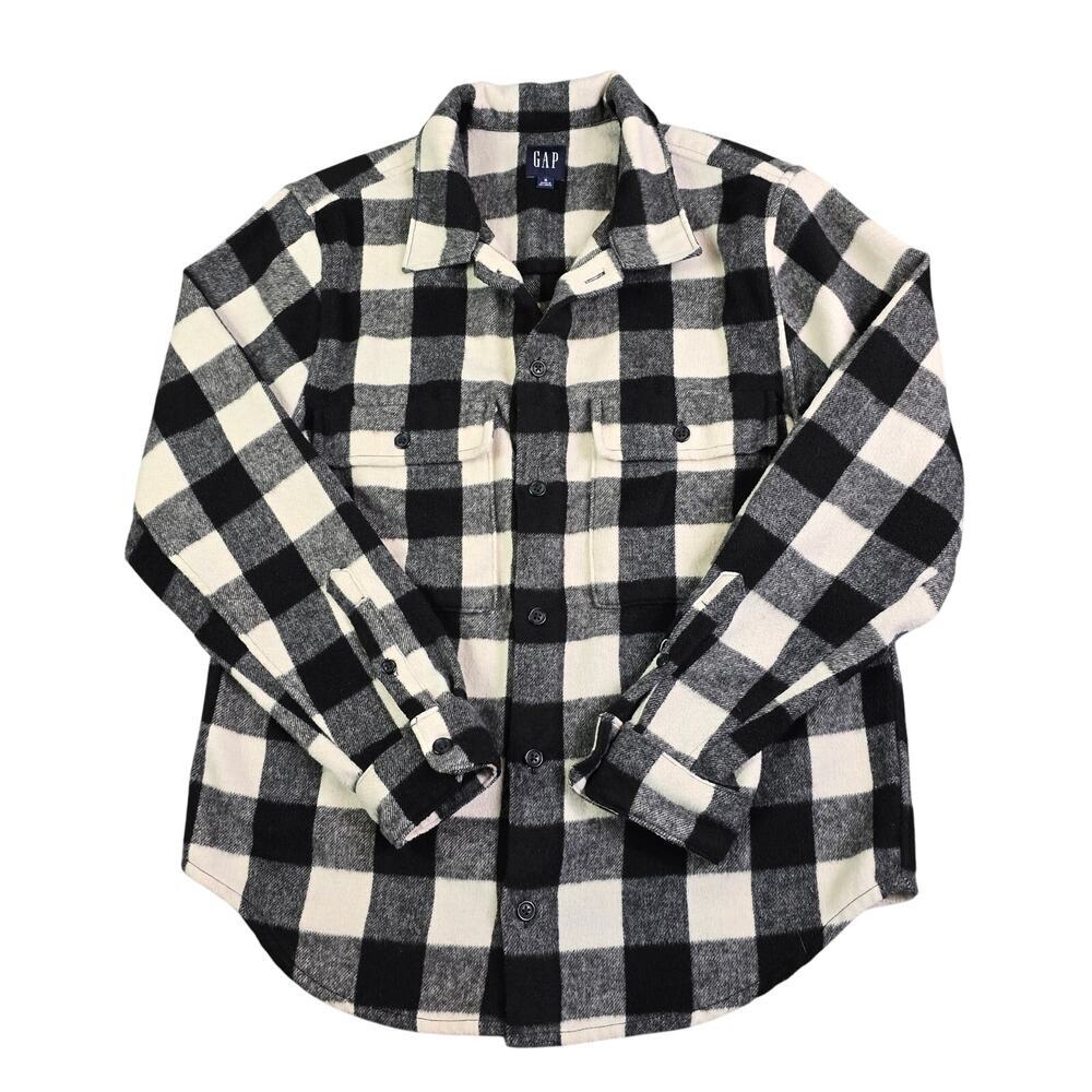 Gap Flannel Shacket Button Shirt Men's Small‎ Black White Check Thick Heavy Work